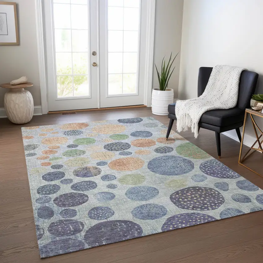 Denim Blue And Peach Geometric Washable Indoor Outdoor Area Rug Photo 5