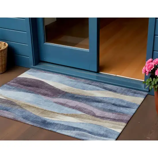 Denim Blue And Purple Abstract Washable Indoor Outdoor Area Rug Photo 2