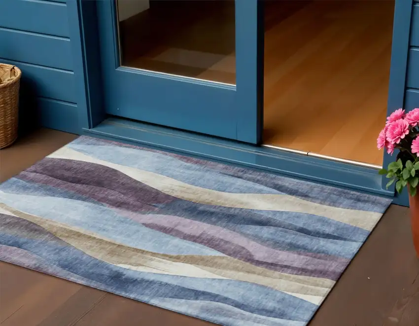 Denim Blue And Purple Abstract Washable Indoor Outdoor Area Rug Photo 2
