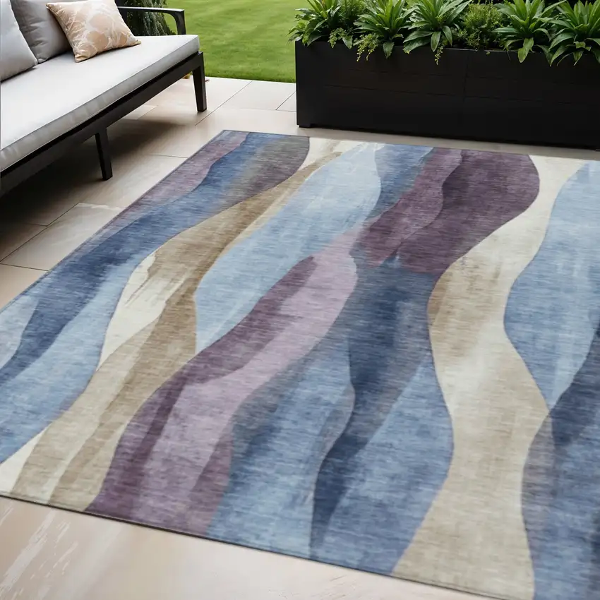 Denim Blue And Purple Abstract Washable Indoor Outdoor Area Rug Photo 2