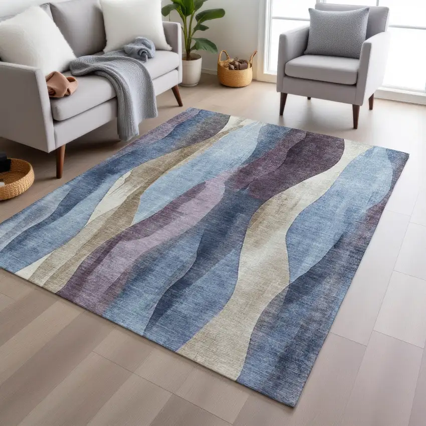 Denim Blue And Purple Abstract Washable Indoor Outdoor Area Rug Photo 4