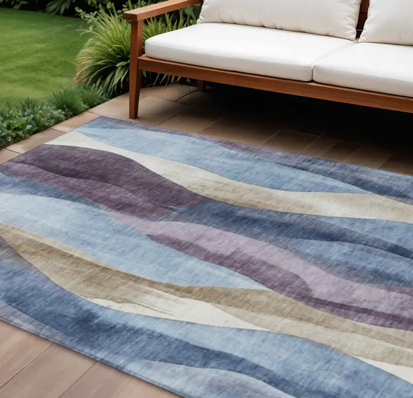 Denim Blue And Purple Abstract Washable Indoor Outdoor Area Rug Photo 2