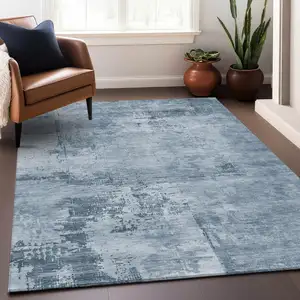 Photo of Denim Blue And Silver Abstract Washable Indoor Outdoor Area Rug