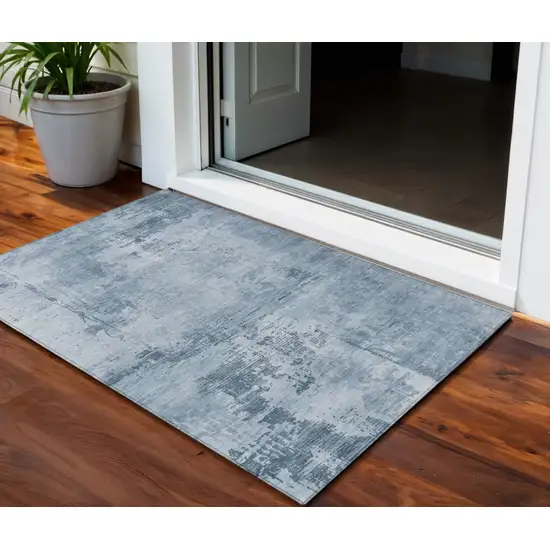 Denim Blue And Silver Abstract Washable Indoor Outdoor Area Rug Photo 1