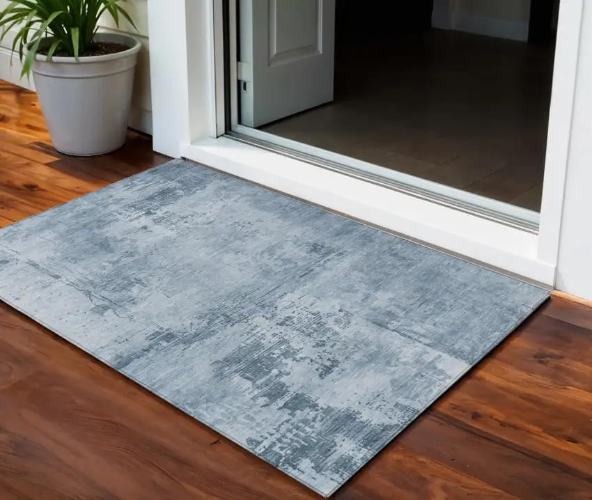Denim Blue And Silver Abstract Washable Indoor Outdoor Area Rug Photo 1
