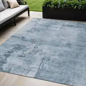 Photo of Denim Blue And Silver Abstract Washable Indoor Outdoor Area Rug