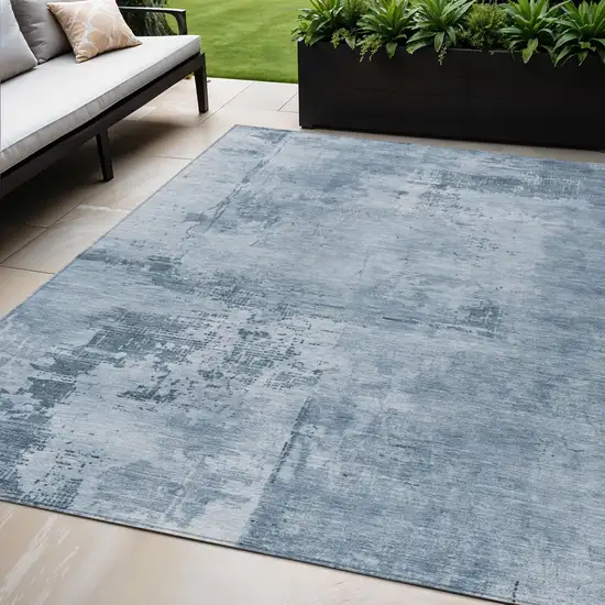 Denim Blue And Silver Abstract Washable Indoor Outdoor Area Rug Photo 1