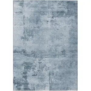 Photo of Denim Blue And Silver Abstract Washable Indoor Outdoor Area Rug