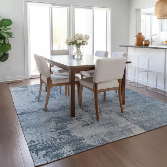 Denim Blue And Silver Abstract Washable Indoor Outdoor Area Rug Photo 9
