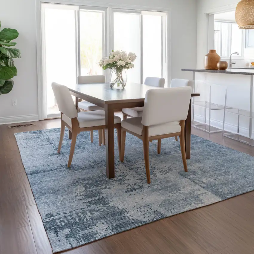 Denim Blue And Silver Abstract Washable Indoor Outdoor Area Rug Photo 9