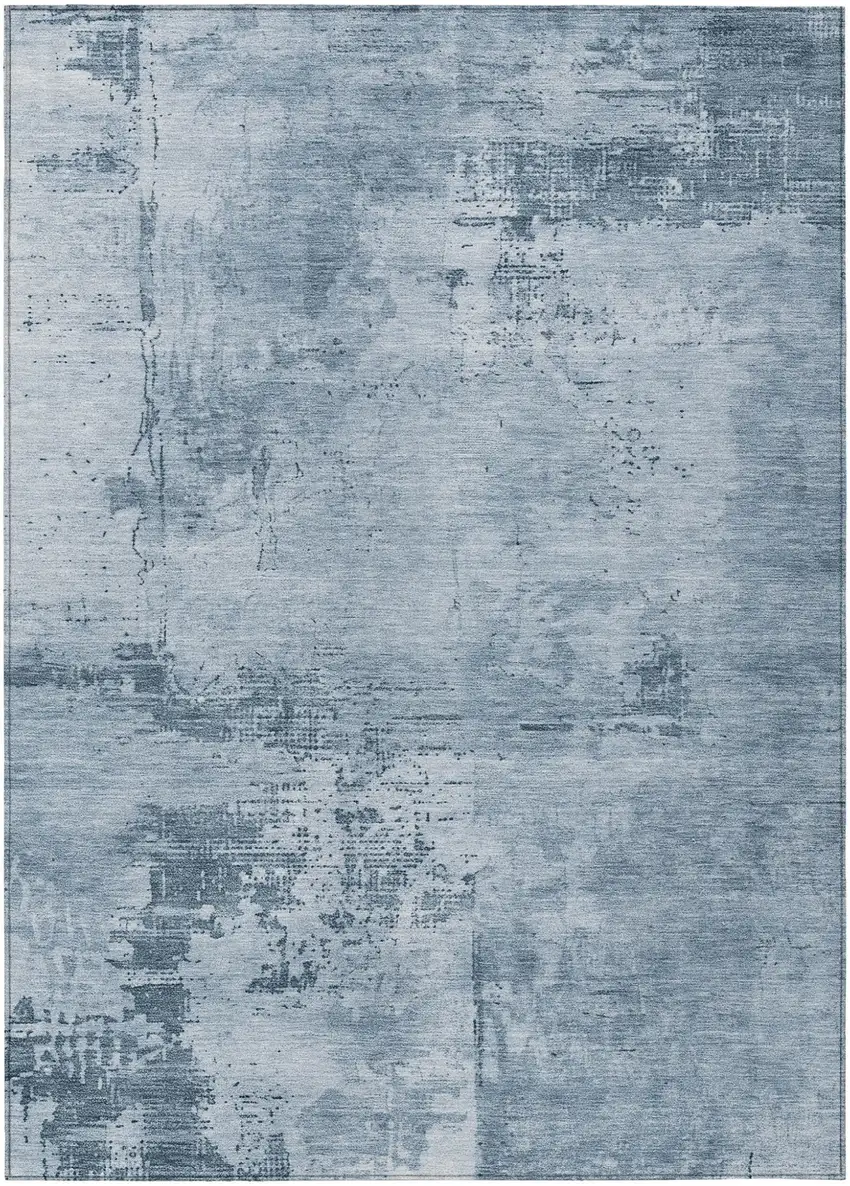 Denim Blue And Silver Abstract Washable Indoor Outdoor Area Rug Photo 2