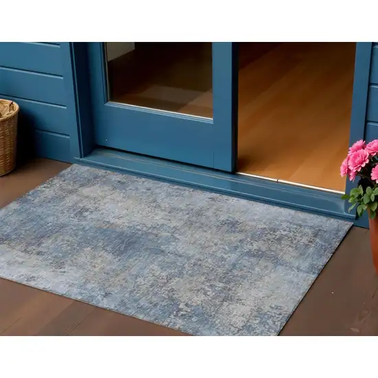 Denim Blue And Silver Abstract Washable Indoor Outdoor Area Rug Photo 2
