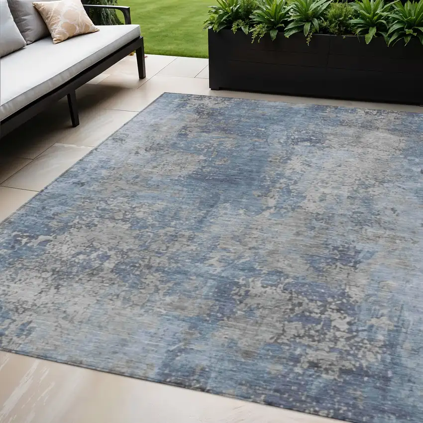 Denim Blue And Silver Abstract Washable Indoor Outdoor Area Rug Photo 2