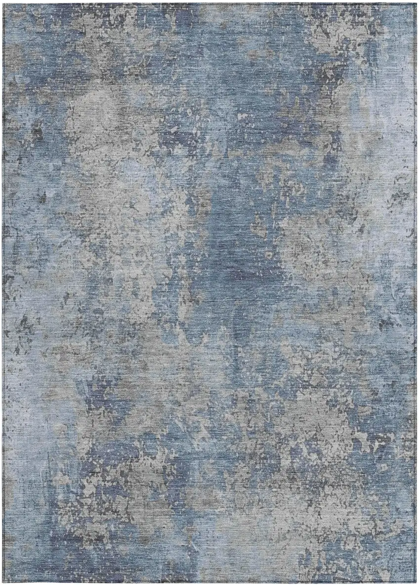 Denim Blue And Silver Abstract Washable Indoor Outdoor Area Rug Photo 4