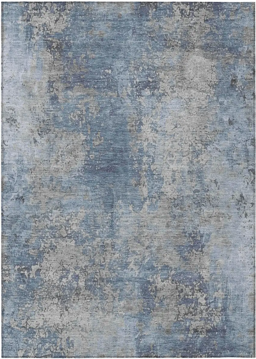 Denim Blue And Silver Abstract Washable Indoor Outdoor Area Rug Photo 1