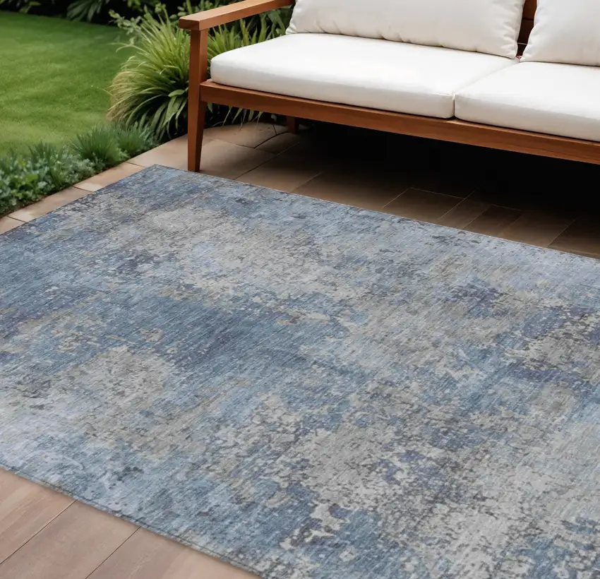 Denim Blue And Silver Abstract Washable Indoor Outdoor Area Rug Photo 2