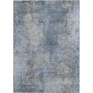 Photo of Denim Blue And Silver Abstract Washable Indoor Outdoor Area Rug