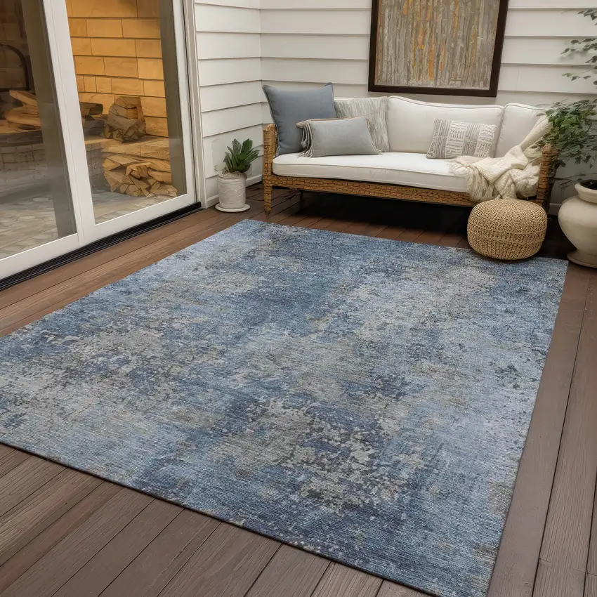 Denim Blue And Silver Abstract Washable Indoor Outdoor Area Rug Photo 5
