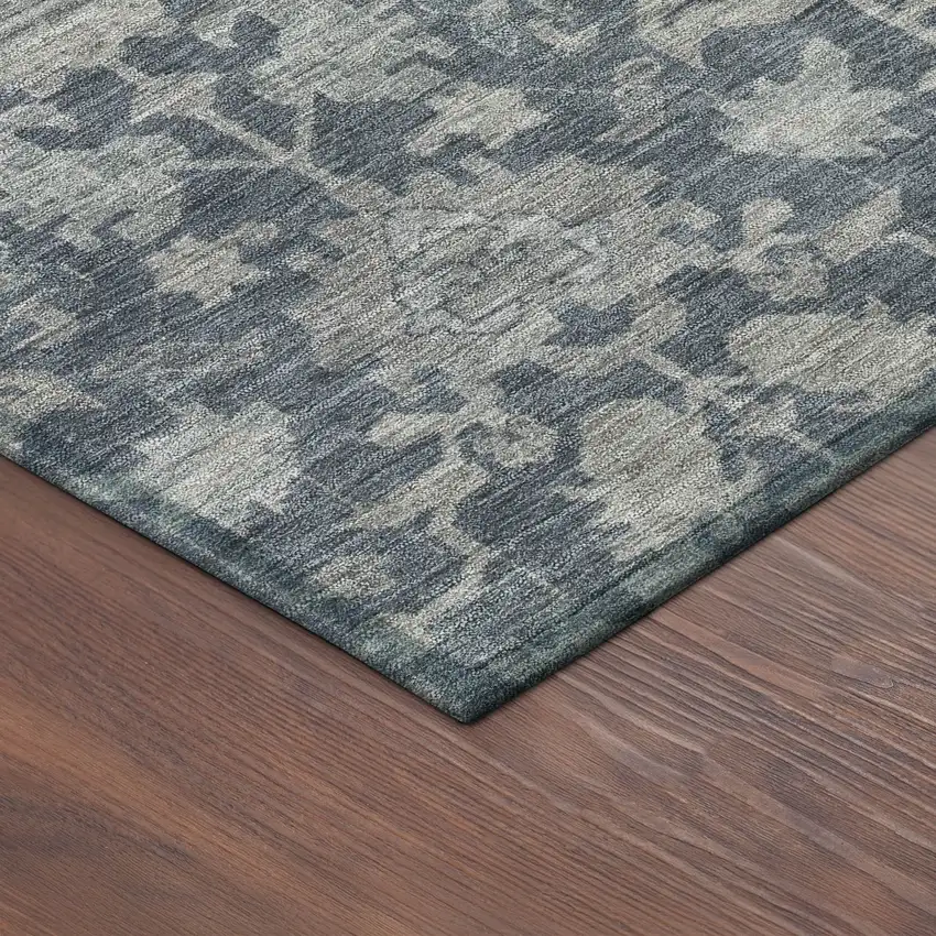 Denim Blue And Silver Floral Washable Indoor Outdoor Area Rug Photo 9