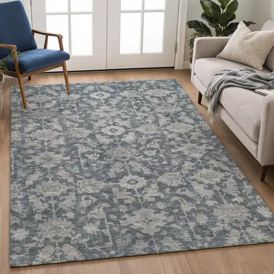 Denim Blue And Silver Floral Washable Indoor Outdoor Area Rug Photo 5