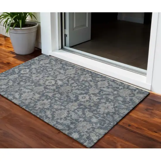 Denim Blue And Silver Floral Washable Indoor Outdoor Area Rug Photo 1
