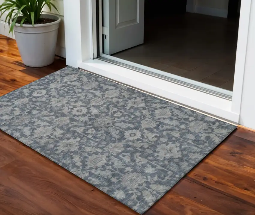 Denim Blue And Silver Floral Washable Indoor Outdoor Area Rug Photo 1