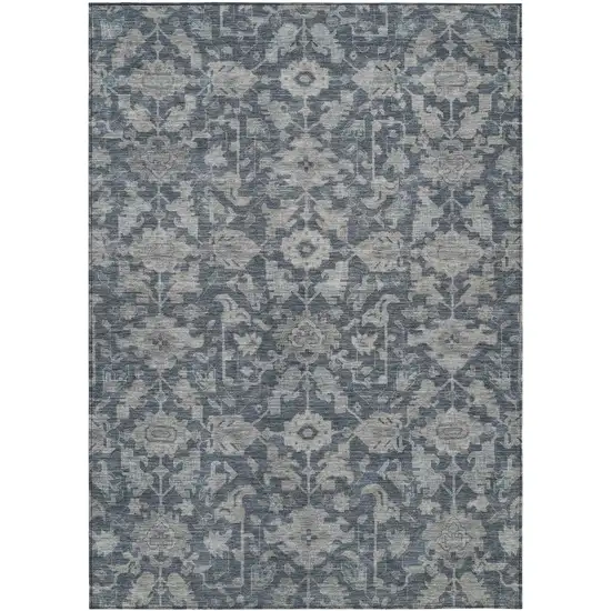 Denim Blue And Silver Floral Washable Indoor Outdoor Area Rug Photo 1