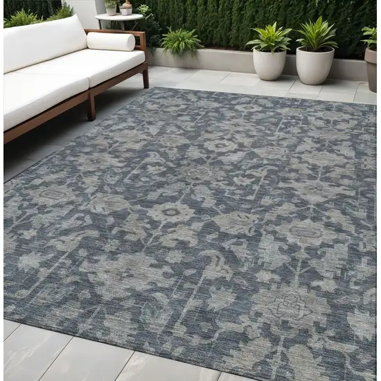 Denim Blue And Silver Floral Washable Indoor Outdoor Area Rug Photo 1
