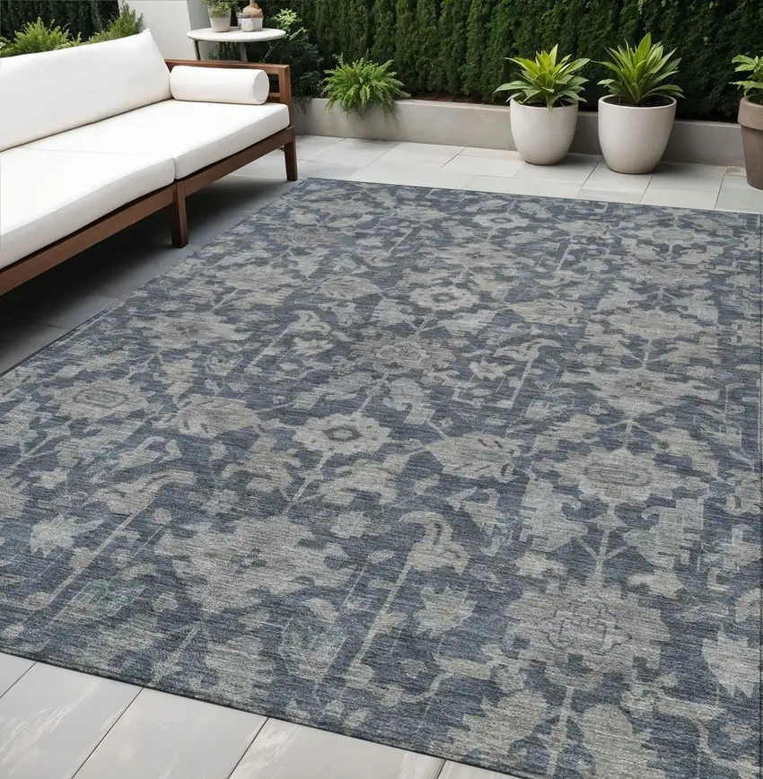 Denim Blue And Silver Floral Washable Indoor Outdoor Area Rug Photo 1