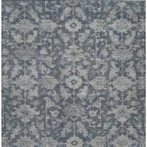 Photo of Denim Blue And Silver Floral Washable Indoor Outdoor Area Rug