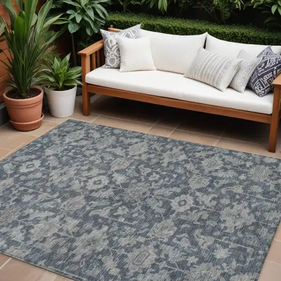 Denim Blue And Silver Floral Washable Indoor Outdoor Area Rug Photo 1