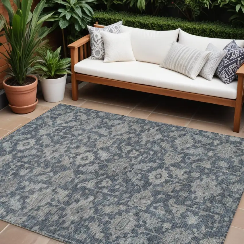 Denim Blue And Silver Floral Washable Indoor Outdoor Area Rug Photo 1