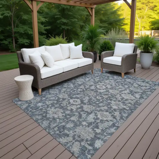 Denim Blue And Silver Floral Washable Indoor Outdoor Area Rug Photo 7
