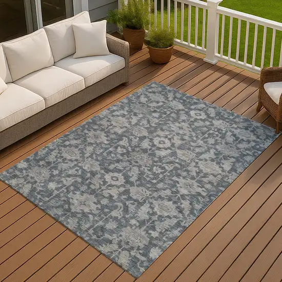 Denim Blue And Silver Floral Washable Indoor Outdoor Area Rug Photo 4
