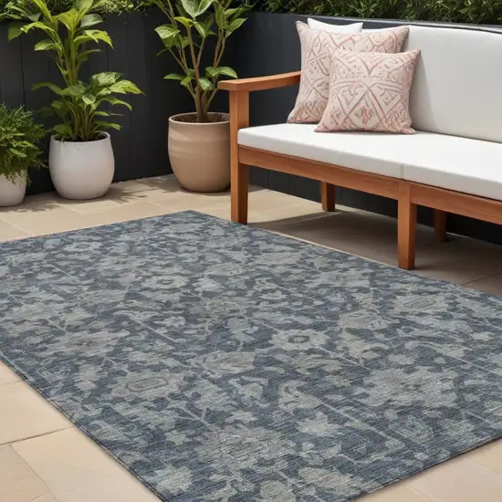 Denim Blue And Silver Floral Washable Indoor Outdoor Area Rug Photo 1