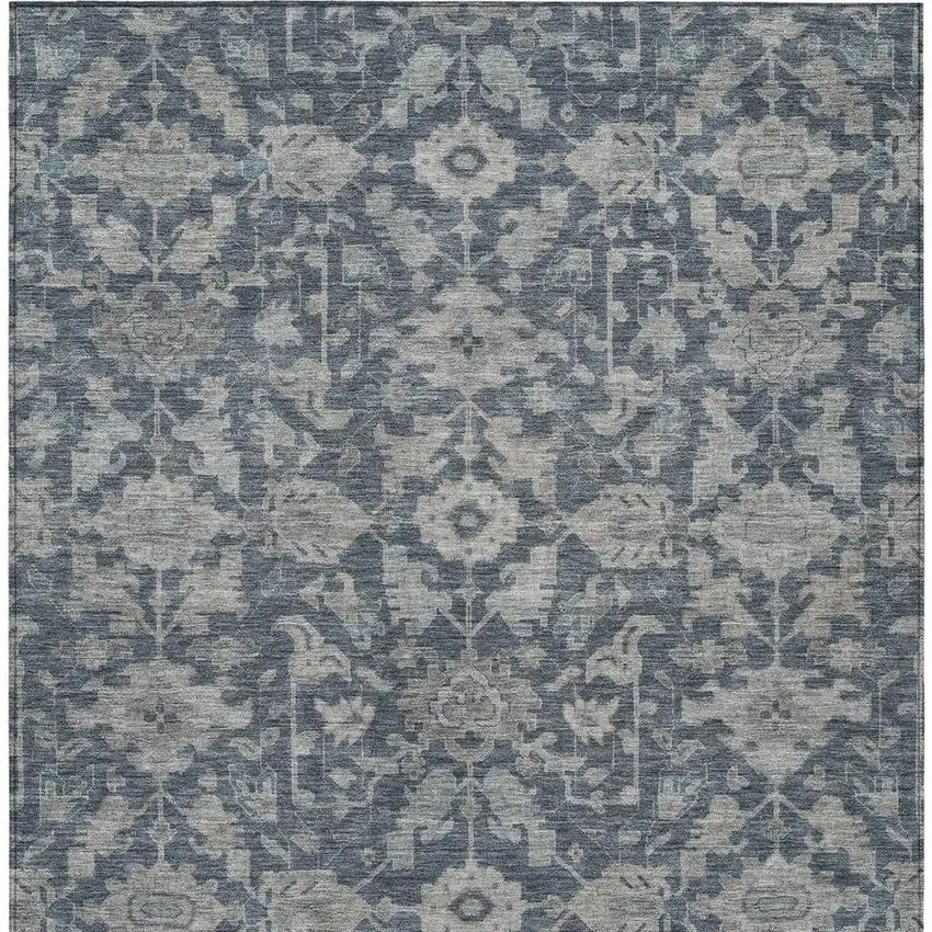Denim Blue And Silver Floral Washable Indoor Outdoor Area Rug Photo 3
