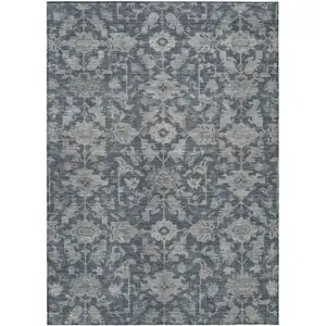Photo of Denim Blue And Silver Floral Washable Indoor Outdoor Area Rug