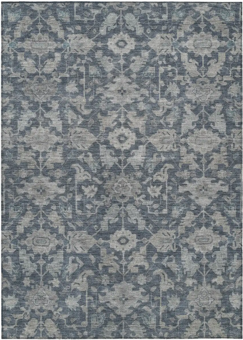 Denim Blue And Silver Floral Washable Indoor Outdoor Area Rug Photo 1