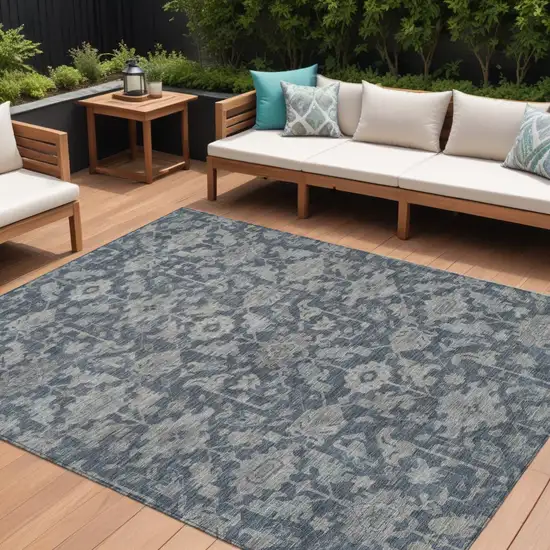 Denim Blue And Silver Floral Washable Indoor Outdoor Area Rug Photo 8