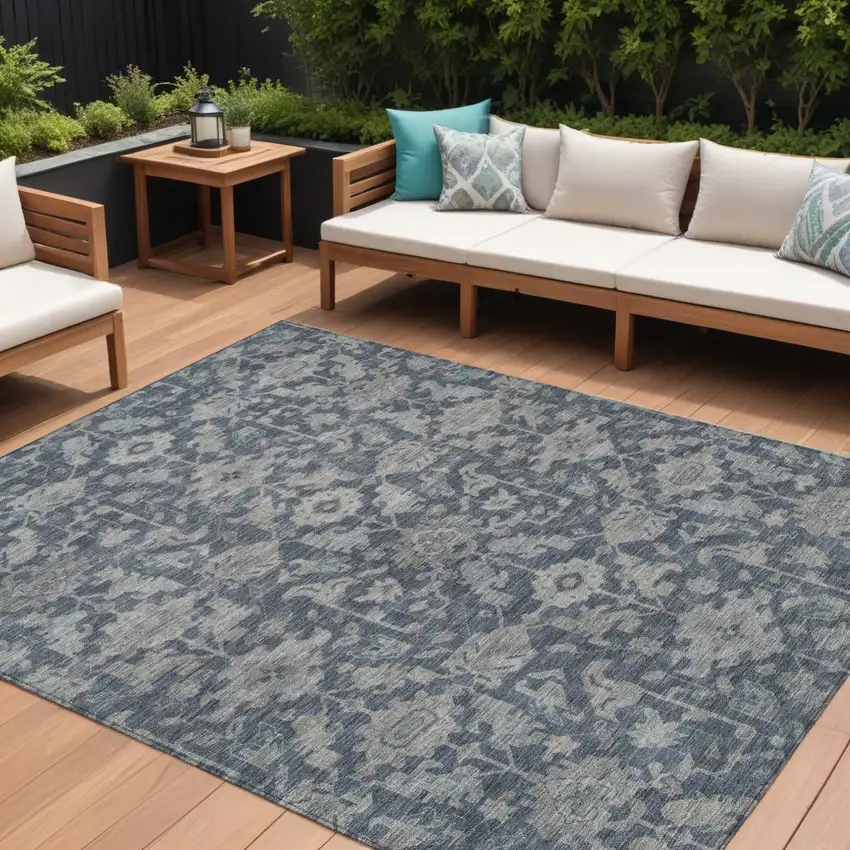 Denim Blue And Silver Floral Washable Indoor Outdoor Area Rug Photo 8