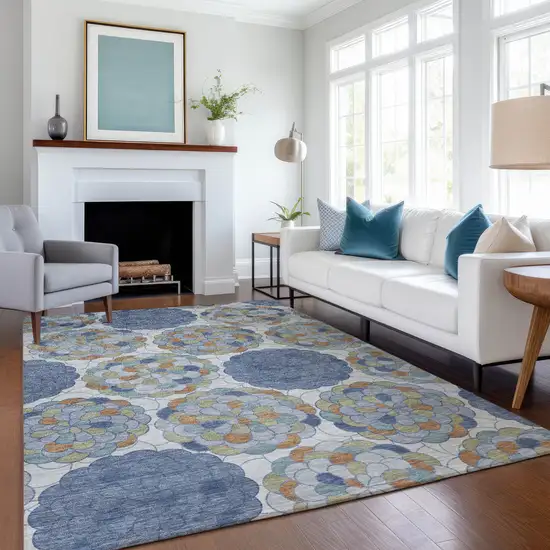 Denim Blue And Silver Floral Washable Indoor Outdoor Area Rug Photo 6