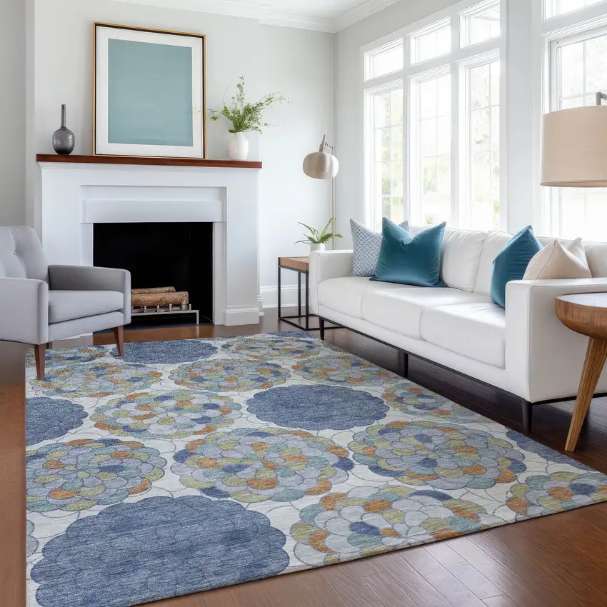 Denim Blue And Silver Floral Washable Indoor Outdoor Area Rug Photo 6