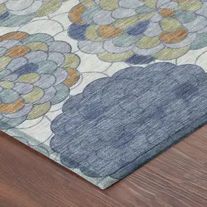 Photo of Denim Blue And Silver Floral Washable Indoor Outdoor Area Rug