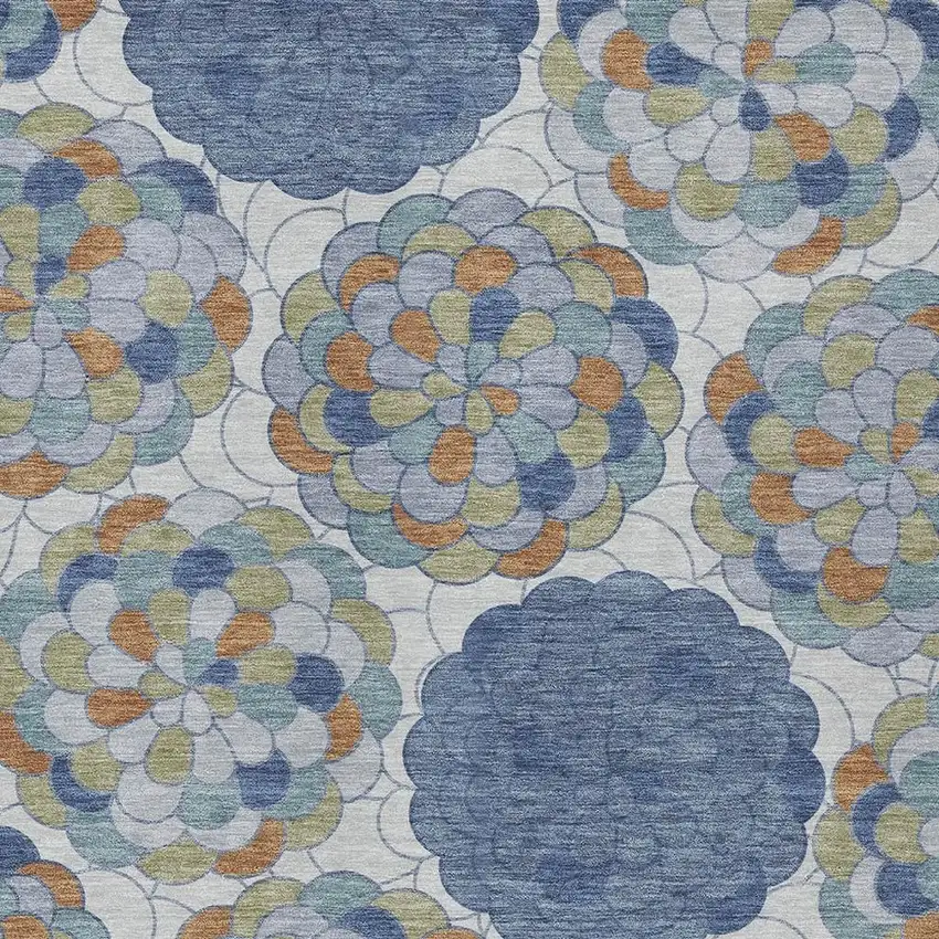 Denim Blue And Silver Floral Washable Indoor Outdoor Area Rug Photo 2