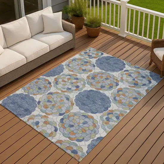 Denim Blue And Silver Floral Washable Indoor Outdoor Area Rug Photo 7