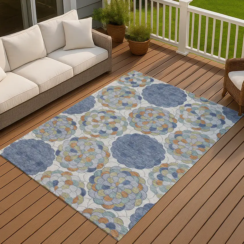 Denim Blue And Silver Floral Washable Indoor Outdoor Area Rug Photo 7