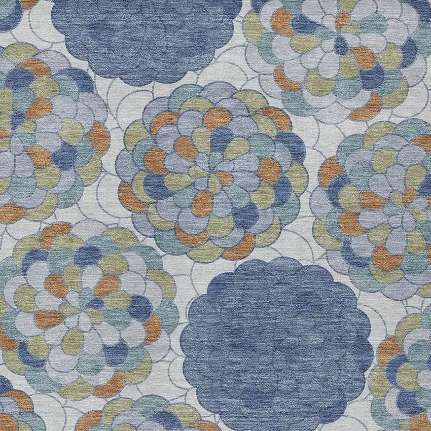 Denim Blue And Silver Floral Washable Indoor Outdoor Area Rug Photo 2