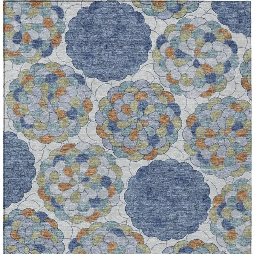 Denim Blue And Silver Floral Washable Indoor Outdoor Area Rug Photo 3