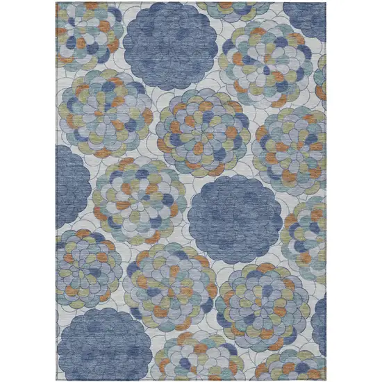 Denim Blue And Silver Floral Washable Indoor Outdoor Area Rug Photo 1