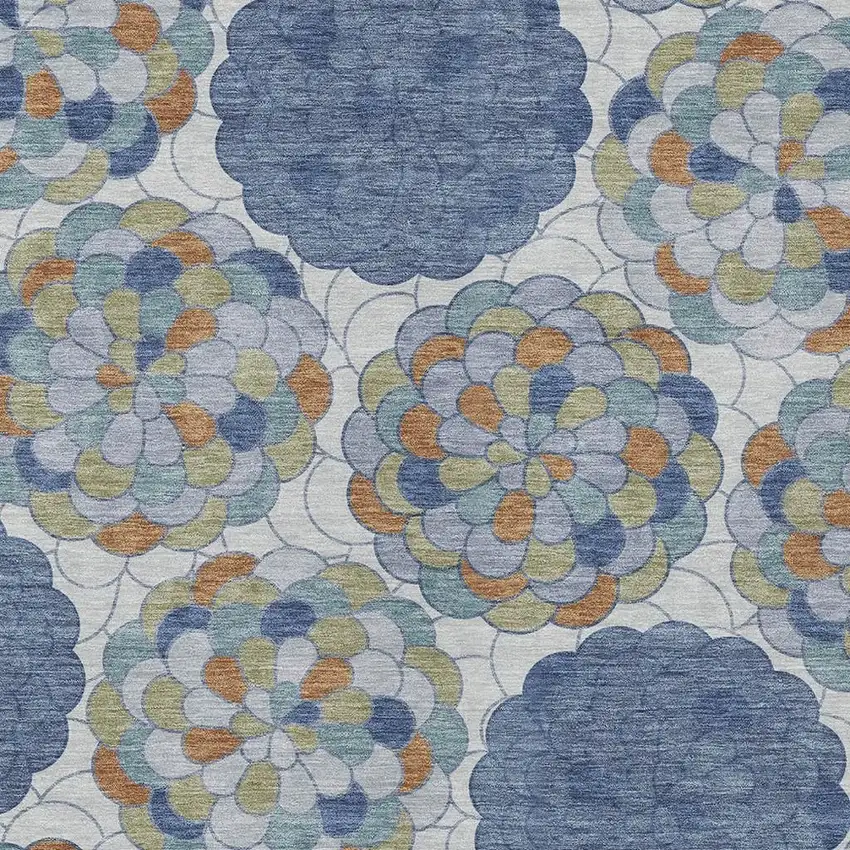 Denim Blue And Silver Floral Washable Indoor Outdoor Area Rug Photo 8